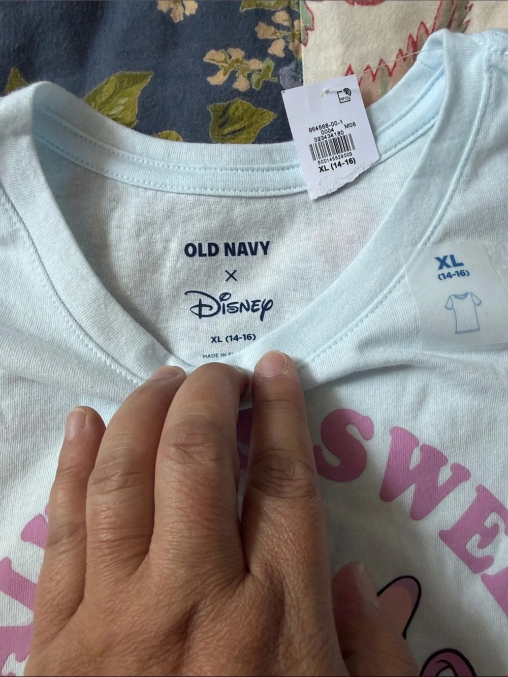 Old Navy Light Blue Stitch & Angel Graphic Tee with Pink Accents